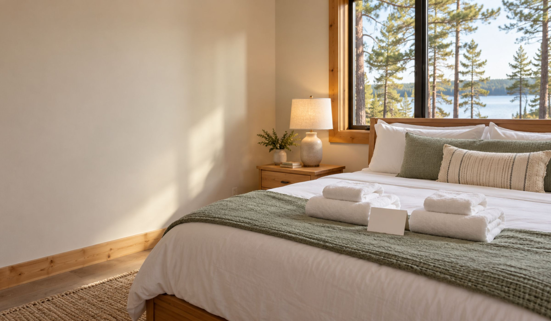 Guest bedroom with fresh white linens, folded towels, and a lake view