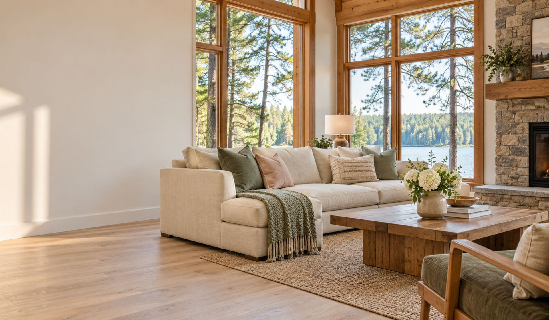 Sunlit lakefront living room with a cream sofa, wood floors, and tall windows